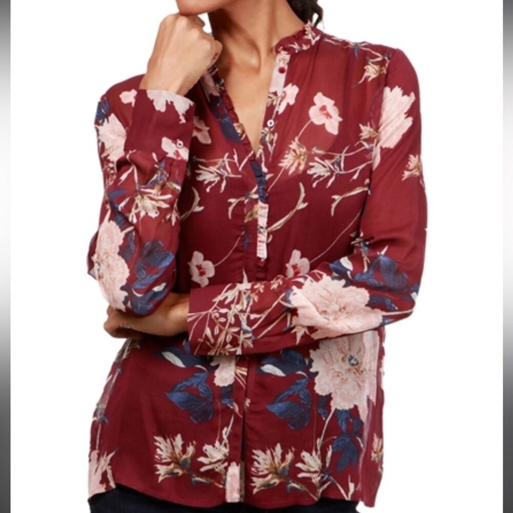 Lucky Brand Ruffled Floral Print Button Up Shirt Chiffon Semi Sheer Large